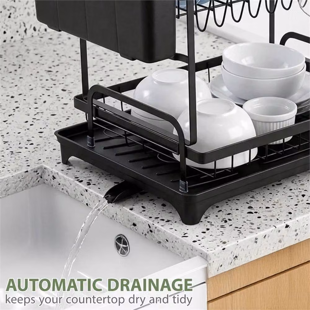 Nordara 2 Tier Black Metal Dish Drainer Rack with Cutlery Holder – 5