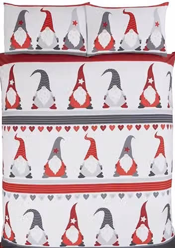 Rapport Home Festive Gonks Christmas Duvet Cover and Pillowcase Set, White and Multicolour, W/D/H: 180 x 200 cm and 50 x 75 cm – 1