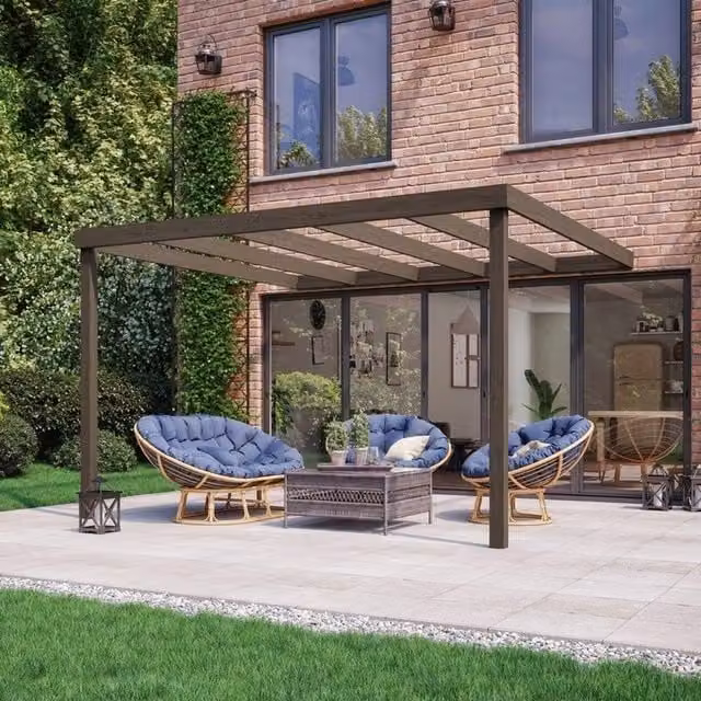 Rutland County Garden Furniture Ltd Wall Mounted Box Pergola in Rustic Brown Wood, W: 480 cm, L: 360 cm, H: 270 cm