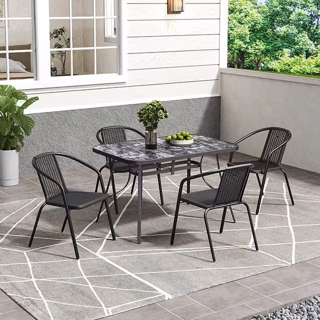 Breeins Black Marble Pattern Glass Table with 4 PE Rattan Chairs