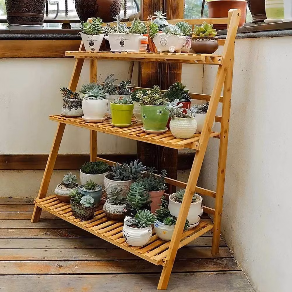 NESTLUNE Foldable 3-Tier Wooden Ladder Plant Stand in Brown, H 100 x W 15 x D 15 cm – 3