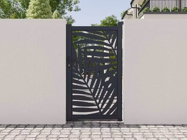 Vente-unique Laser-Cut Aluminium Single Swing Gate with Tropical Pattern in Grey, W: 103 cm, H: 181 cm – 1