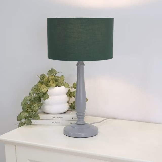 ValueLights Victoria Grey Table Lamp with Green Fabric Drum Shade
