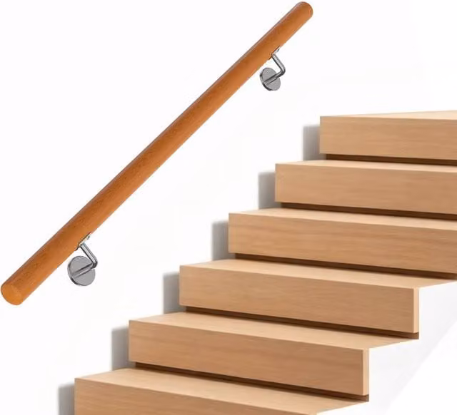 Gymax Beech Wood Staircase Handrail with Stainless Steel Wall Mount, Brown, Length: 100 cm