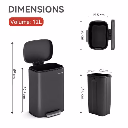 MCC Direct 12L Grey Steel Pedal Bin with Soft Close Lid and Removable Inner Bucket – 2