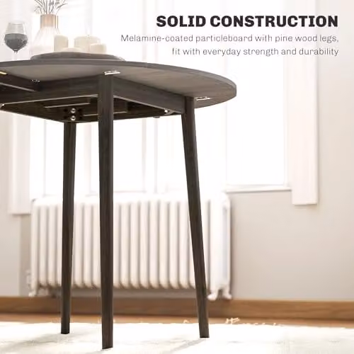HOMCOM Modern Round Folding Dining Table for 4 with Butterfly Drop Leaf and Wood Legs, Grey – 4