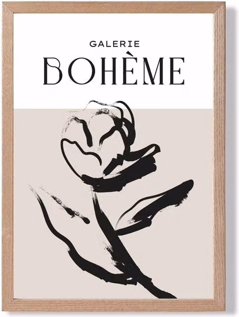 ARTZE Beige and Black Rose Boho Sketch Floral Framed Print with Oak Frame