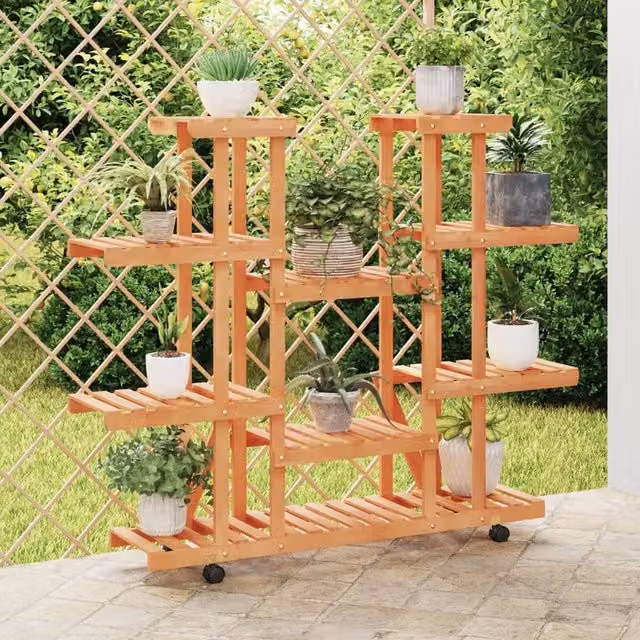 Berkfield Home Retro Flower Stand with Wheels in Brown Solid Fir Wood, W/D/H: 110 x 25 x 115 cm – 1