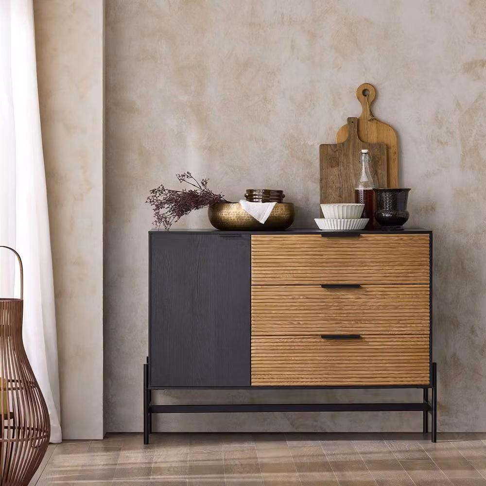 SoBuy Modern Slim Credenza Cabinet with Soft-Close Drawers in Grey, Black and Brown with Metal Frame – 2