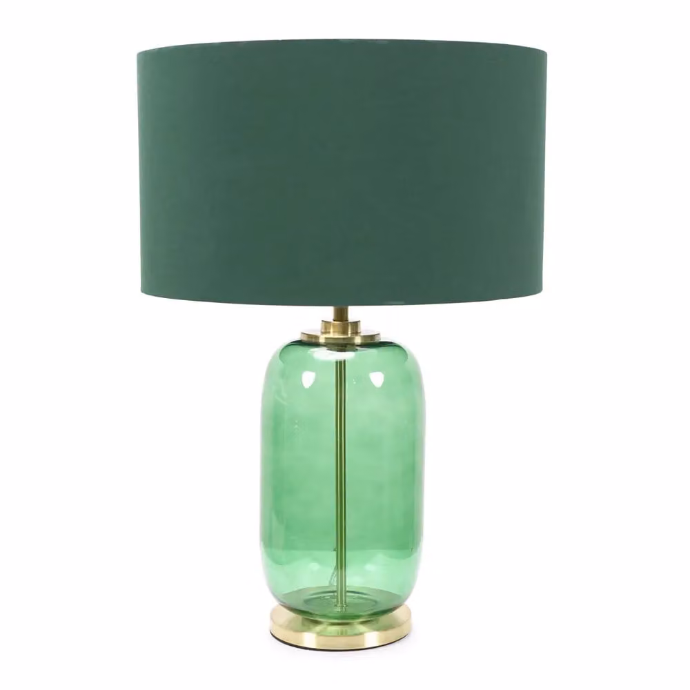 ValueLights Leigh Table Lamp with Forest Green Glass, Gold Trim and Fabric Drum Shade in Bottle Green – 2