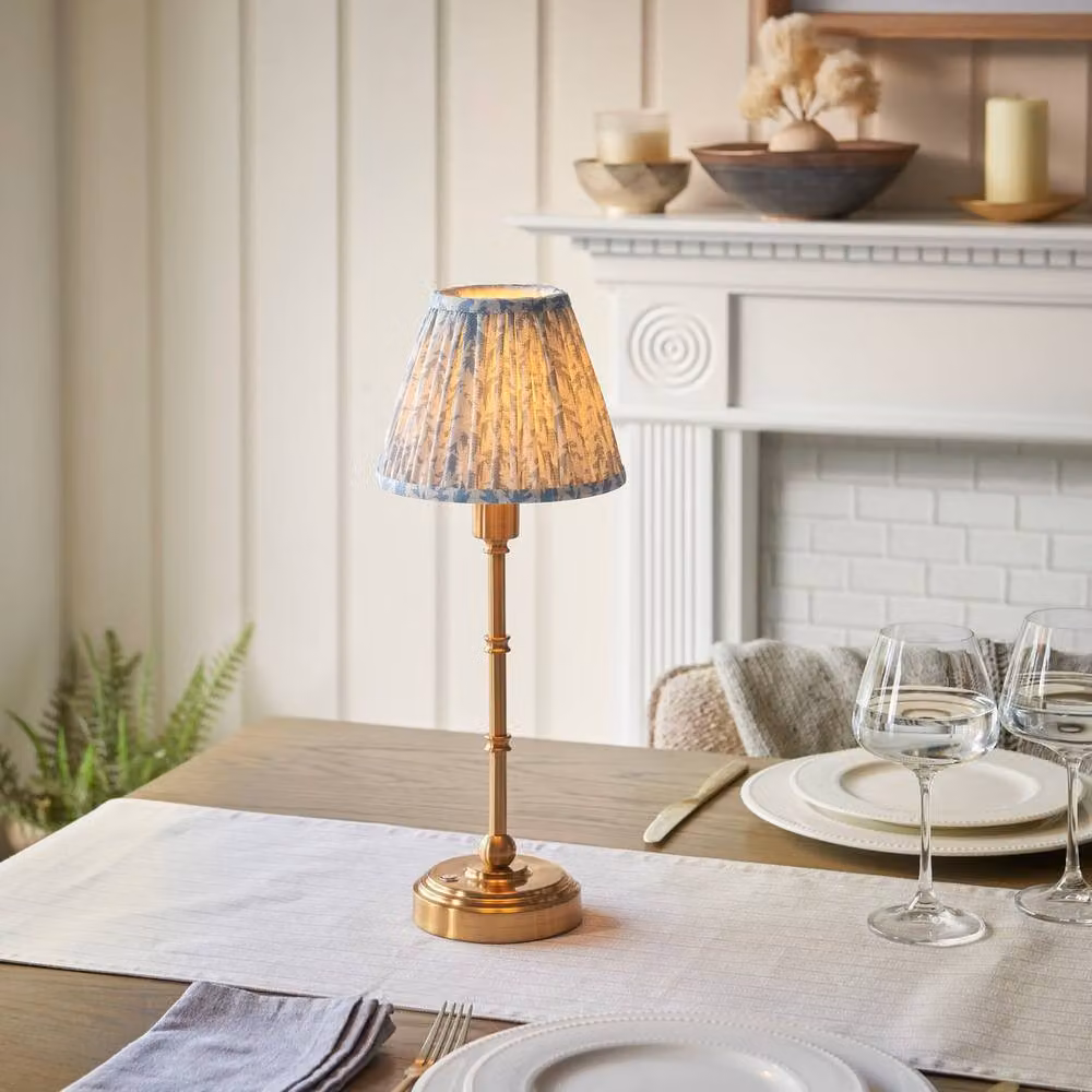 Netlighting Burley Rechargeable LED Table Lamp with Blue Fabric Shade and Gold Brass Base – 2