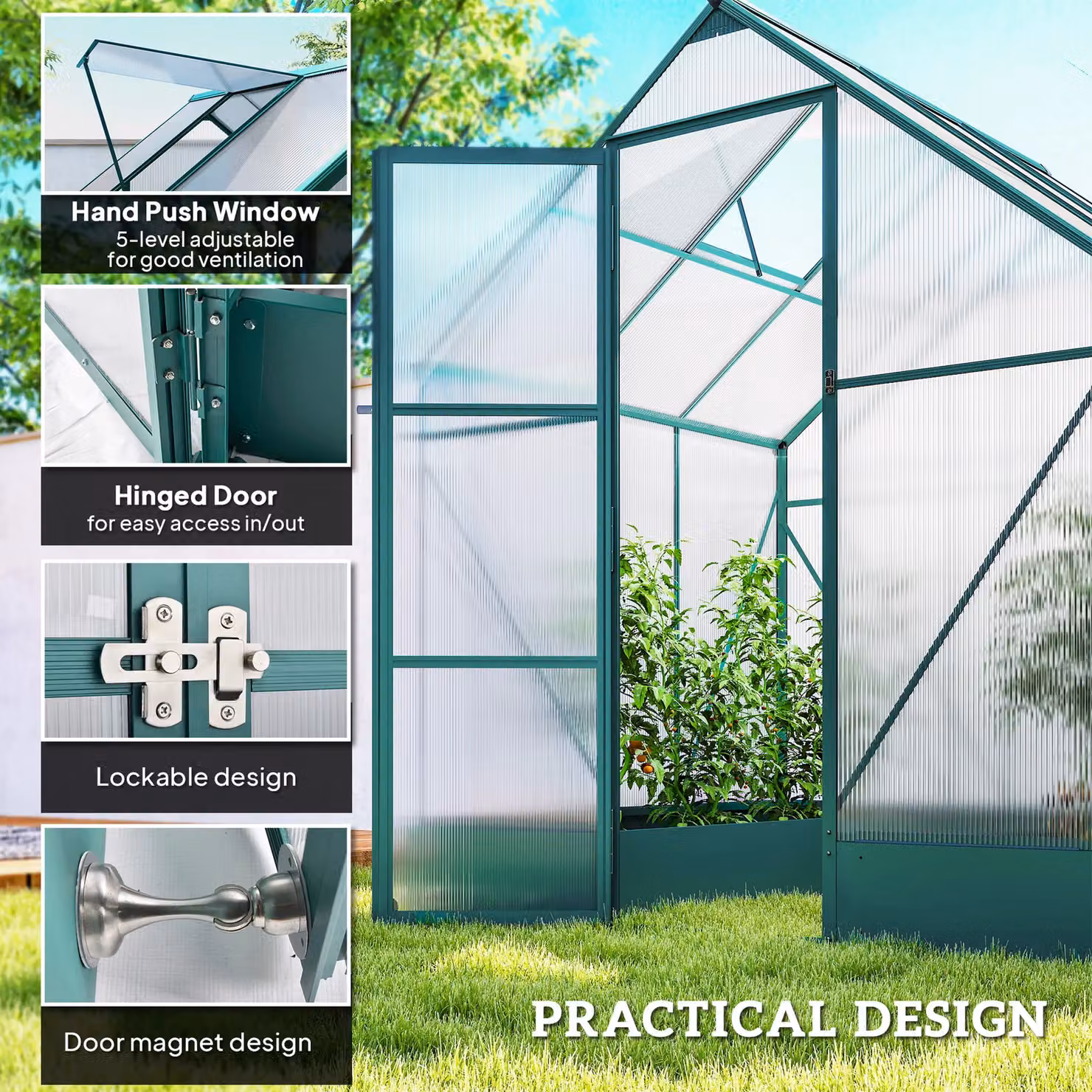 OUTSUNNY Aluminium and Polycarbonate Walk-in Greenhouse with Smart Window in Pale Green, W/D/H: 220 x 190 x 190 cm – 5
