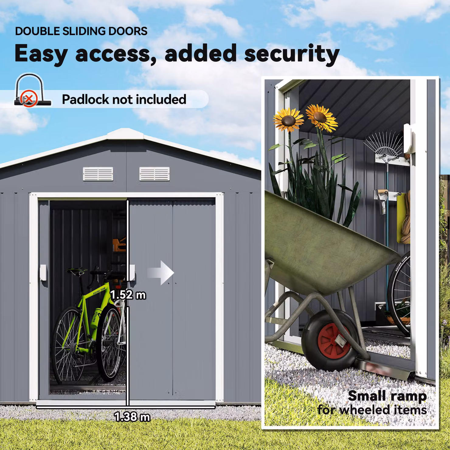 Outsunny Grey Galvanised Steel Pent Garden Shed with Double Doors and Foundation Ventilation – 4