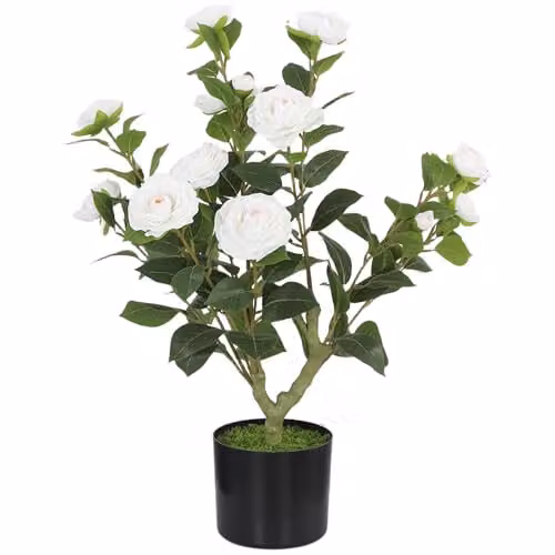 HOMCOM White and Green Artificial Camellia Flower Plant with Potted Base, Height: 65 cm