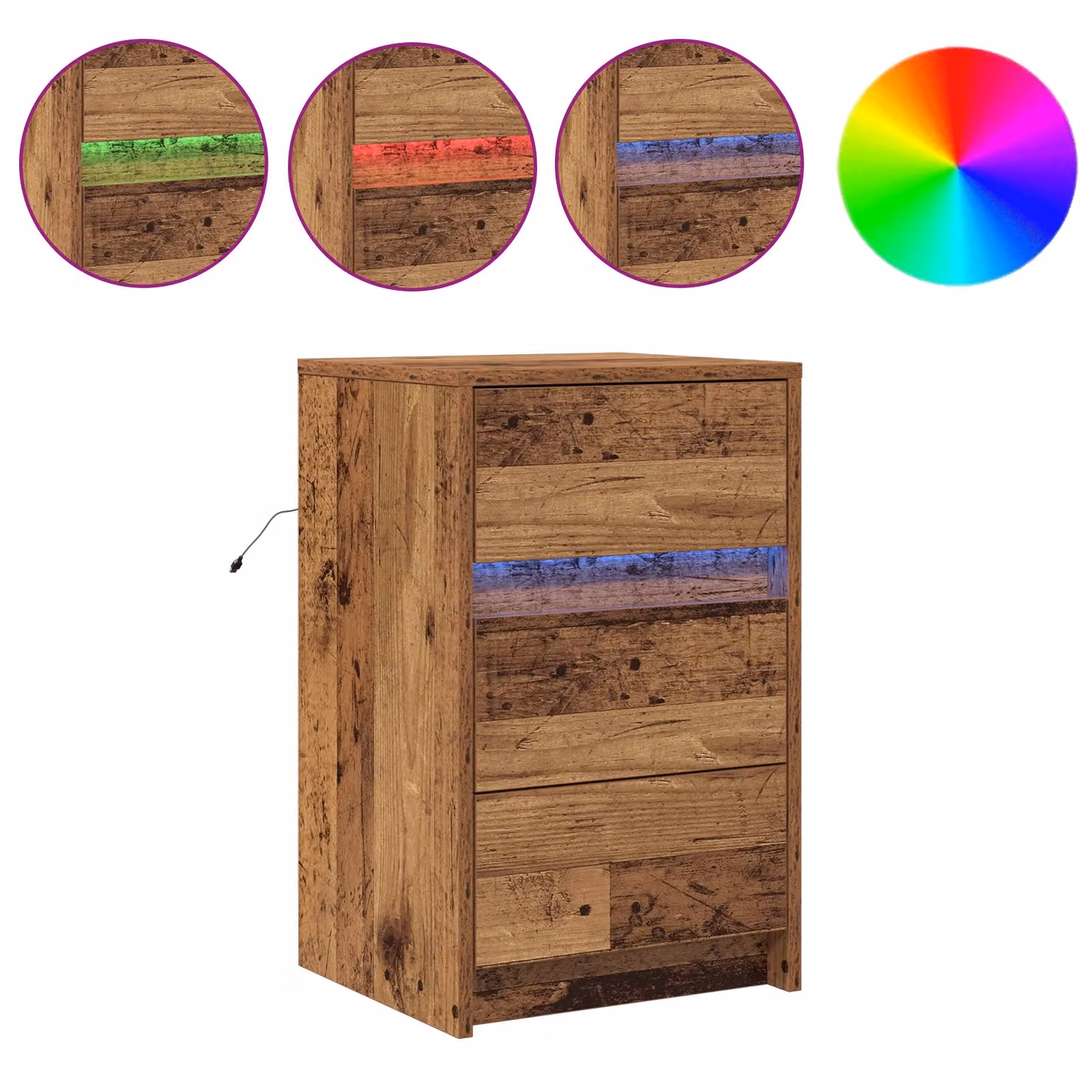 Berkfield Home Bedside Cabinet with Integrated LED Lights in Brown Old Wood Finish – 3