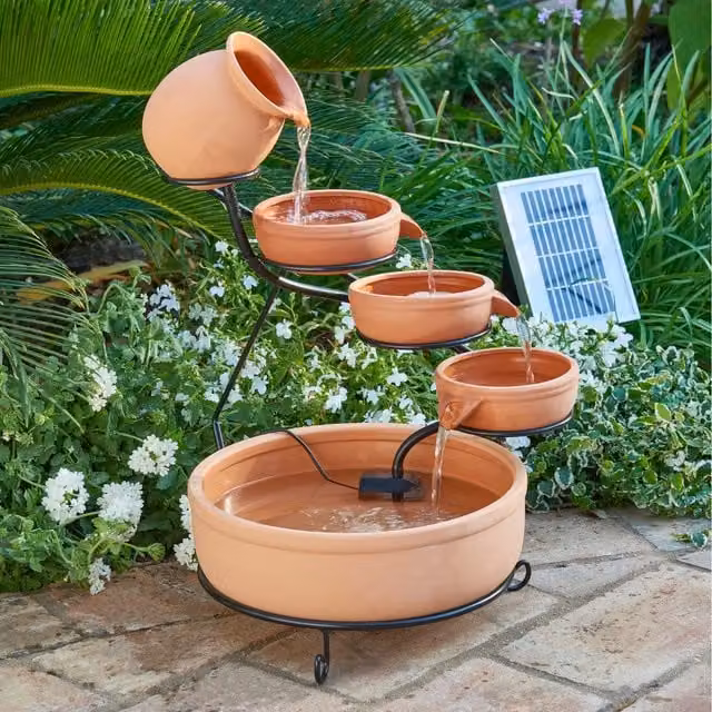 Primrose Solar Terracotta Jug and Bowl Cascading Water Feature with LEDs in Brown