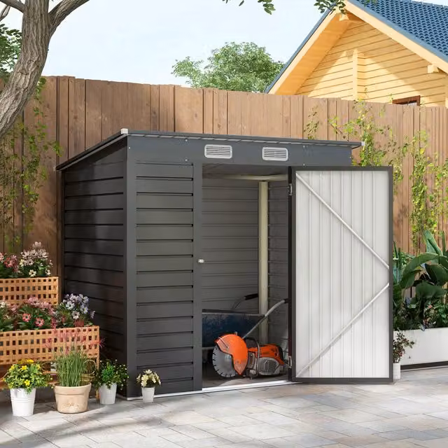 Outsunny Galvanised Steel Pent Garden Shed with Lockable Double Doors and Side Vents in Dark Grey