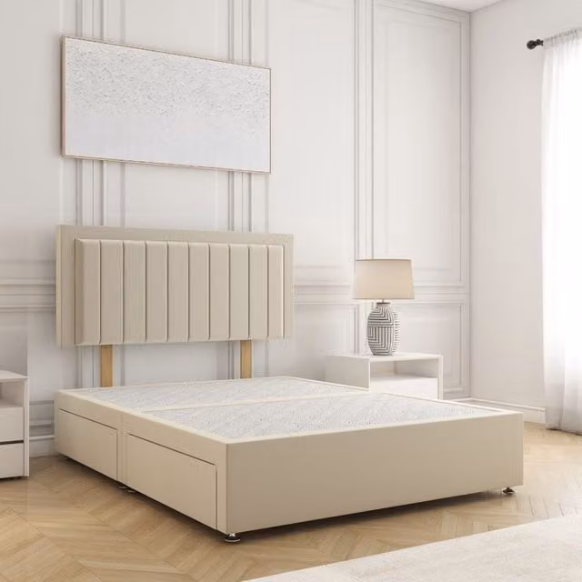 BSSPOKE Zarah Super King Divan Bed in Beige Plush Velvet with 2 Drawers and Headboard