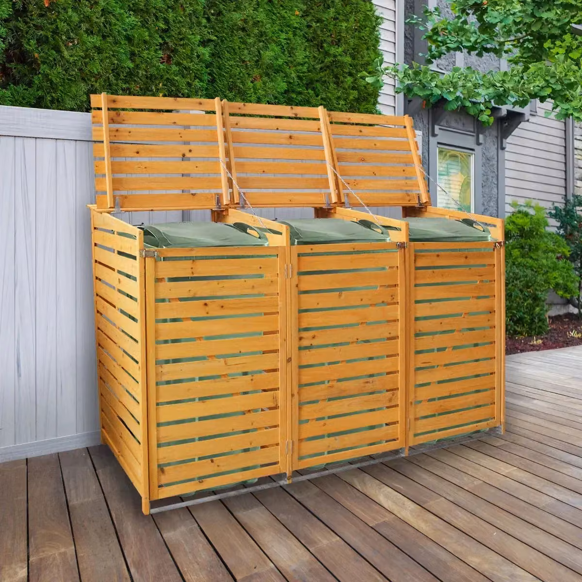 Monstershop Triple Wheelie Bin Storage in Terracotta and Brown Wood – 2