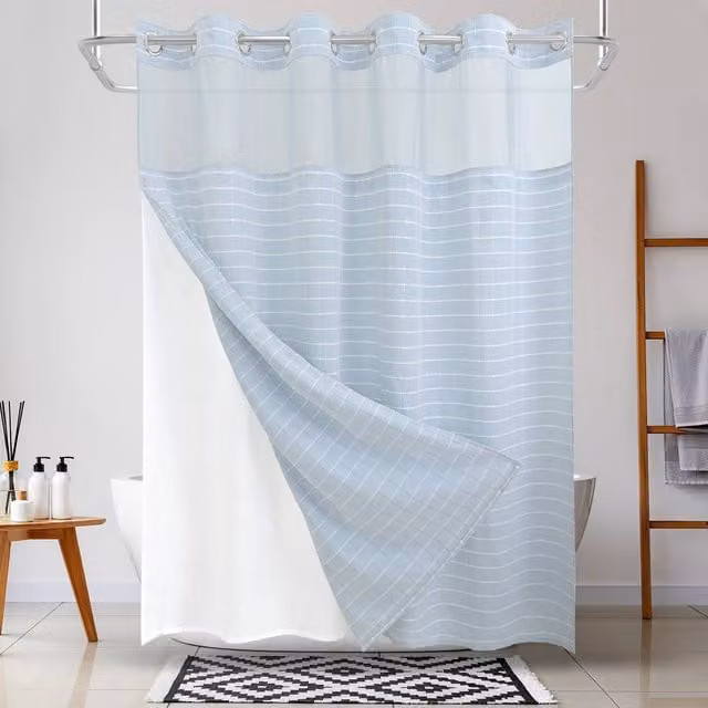 DRIFTED ROOT Blue Jacquard Water-Repellent Shower Curtain with Snap Liner Magnets