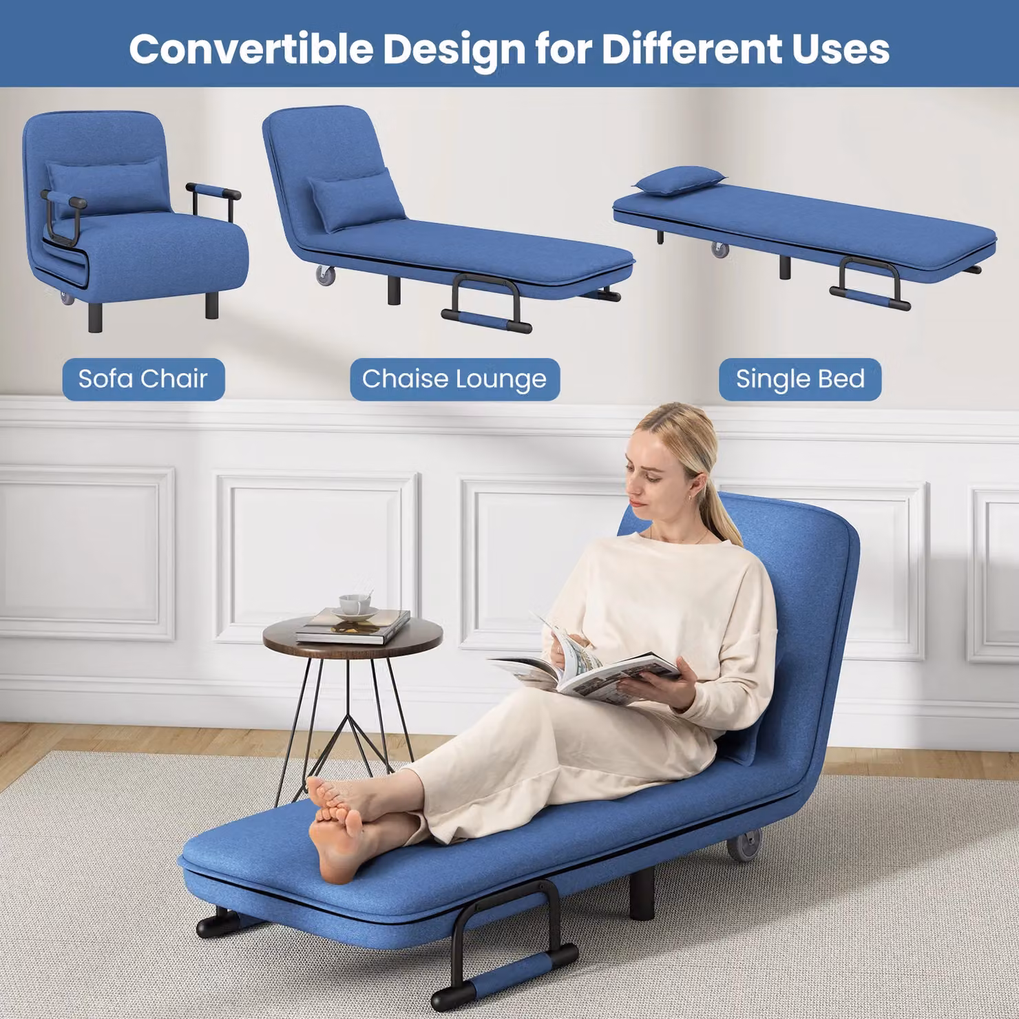 Costway Modern Fabric Single Folding Sofa Bed Chair with Pillow in Blue – 4