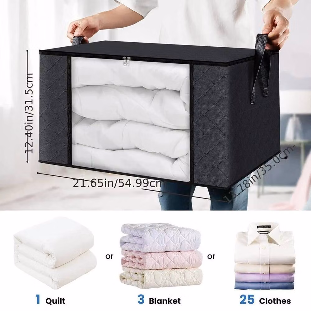 KORVIXA Set of 4 Black Fabric Clothes Storage Bags with Zips and Handles, W: 90 cm – 2
