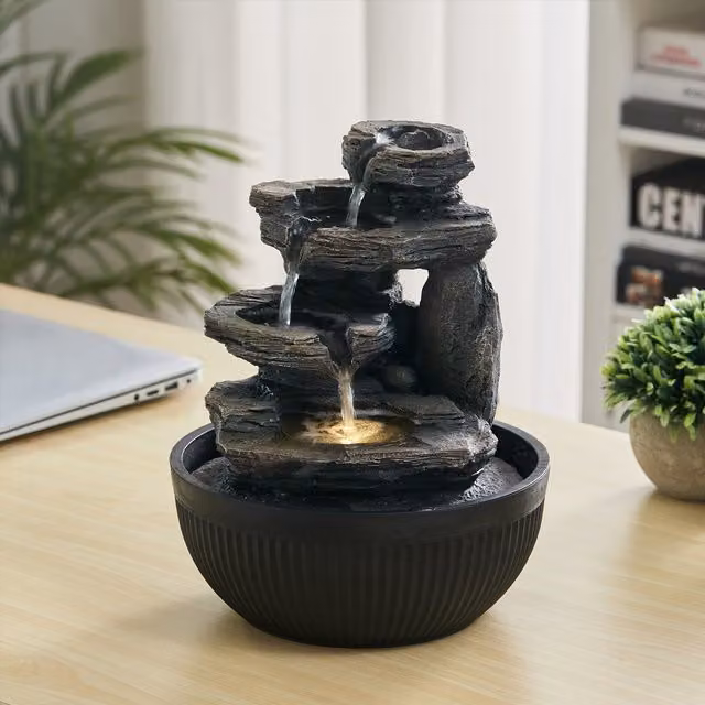 Livingandhome Sedimentary Rock Tabletop Water Feature with LED Light in Grey and Black
