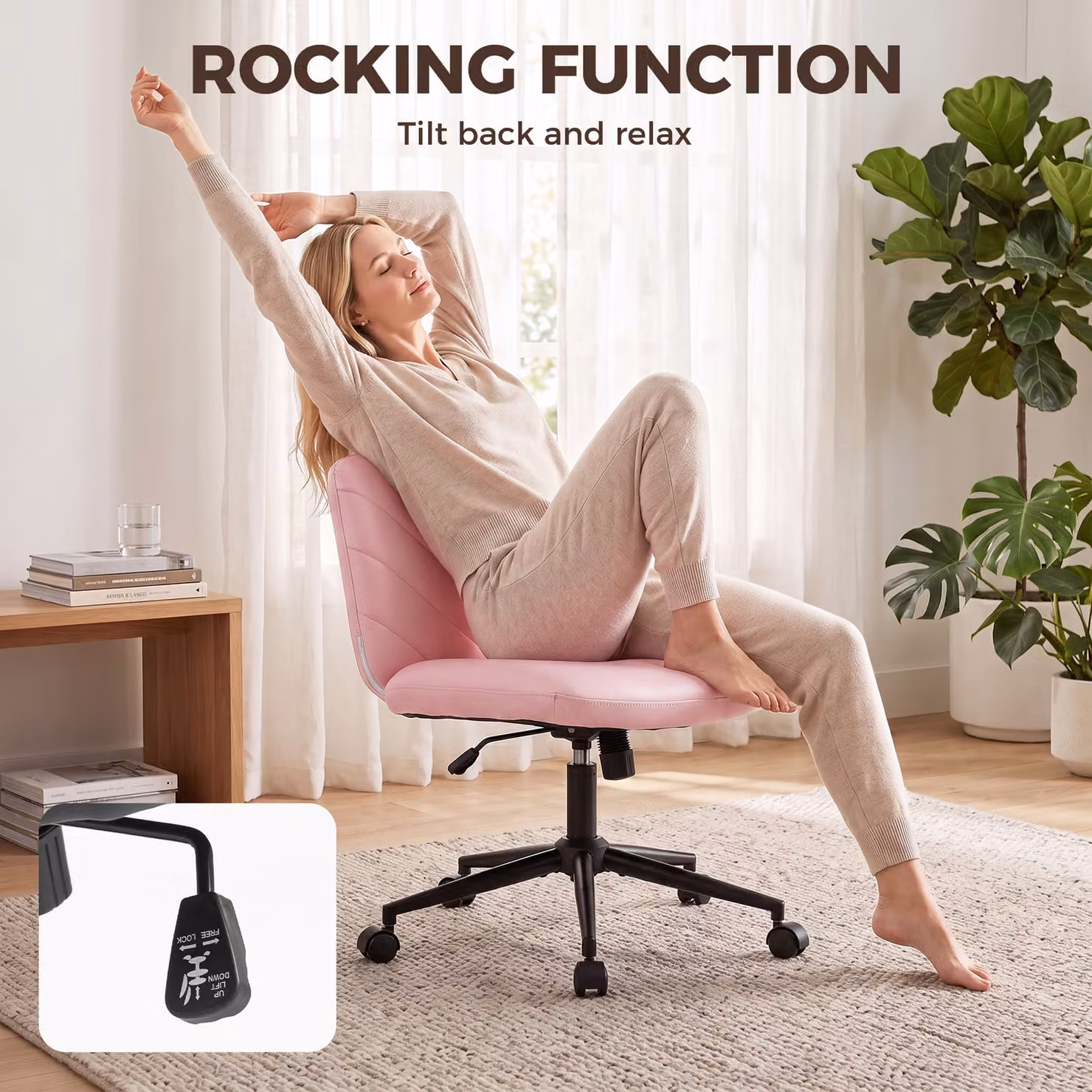 HOMCOM Pink Swivel Task Chair with Castors and Synthetic Leather Upholstery, W/D/H: 58 x 53 x 62 cm – 3