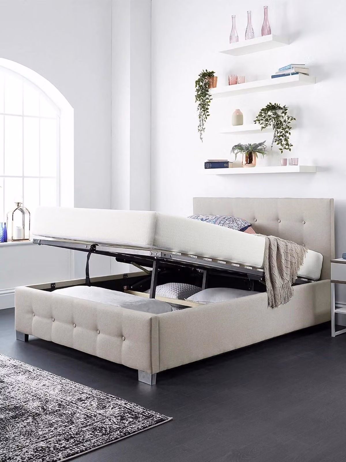 Aspire Double Ottoman Bed with Lift Up Storage Base in Beige Upholstered Fabric, H 96.5 cm x W 140 cm x D 149 cm