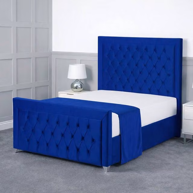 Living Comfort Bedz Ember Blue Velvet Upholstered Gas Lift Storage Bed with 48 Inch Headboard, W/D/H: 90 x 190 cm