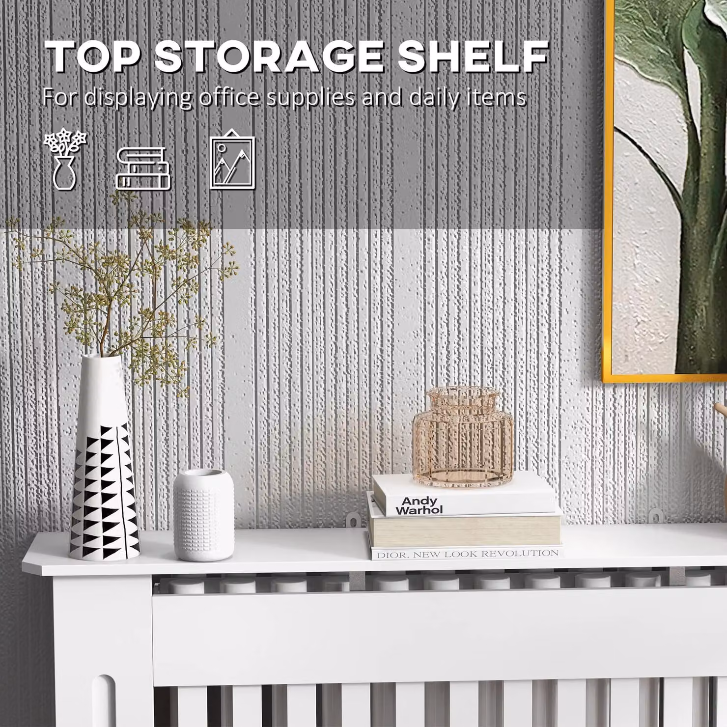 HOMCOM Modern Minimalist Slatted Radiator Cover in White, MDF Construction, W: 112 cm, D: 19 cm, H: 81 cm – 3