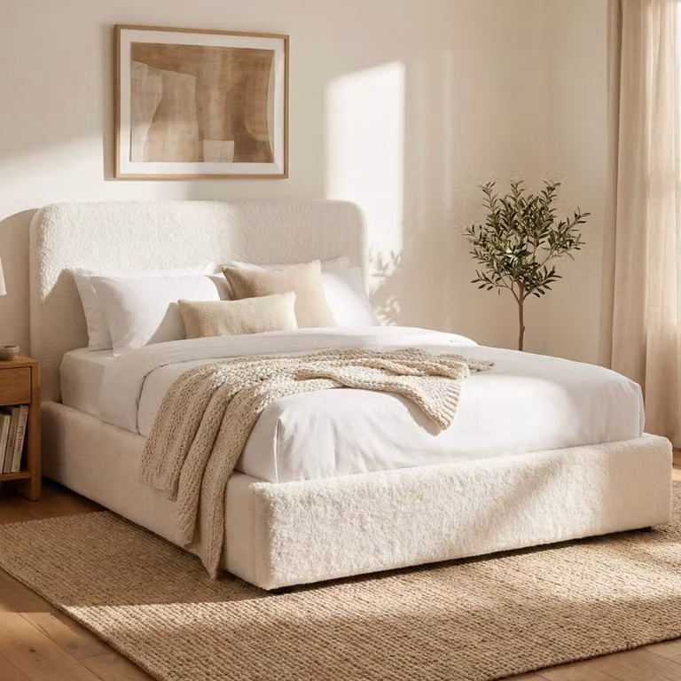 Sofna Boucle Ottoman Storage Bed Frame in White, Small Double (90 x 190 cm)