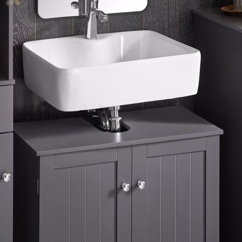 SoBuy Modern Under Sink Bathroom Cabinet in Dark Grey with Hinged Doors and Internal Shelves, Height: 60 cm – 3