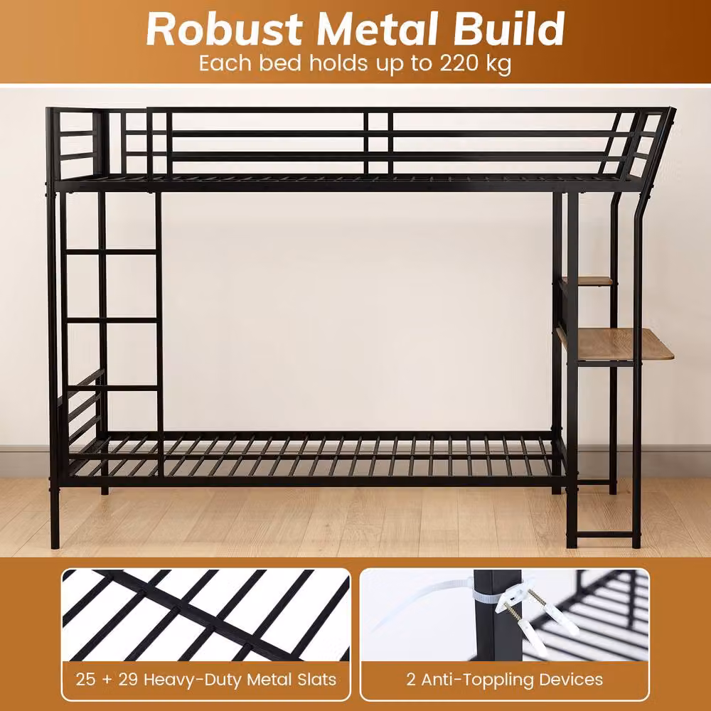 Gymax Metal Single Loft Bed with Desk and Ladder in Black, 90 x 190 cm – 5