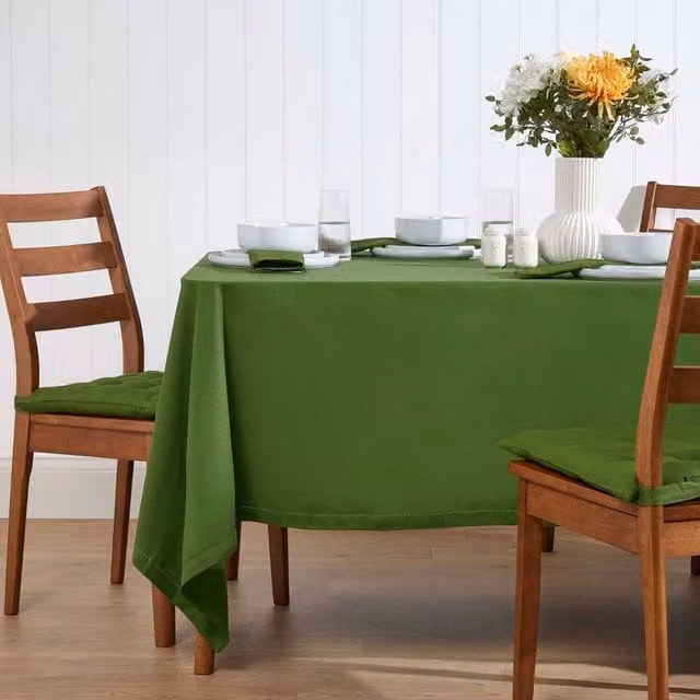Homescapes Plain Green Cotton Rectangular Tablecloth, W/D/H: 177.8 x 121.9 x 70 cm
