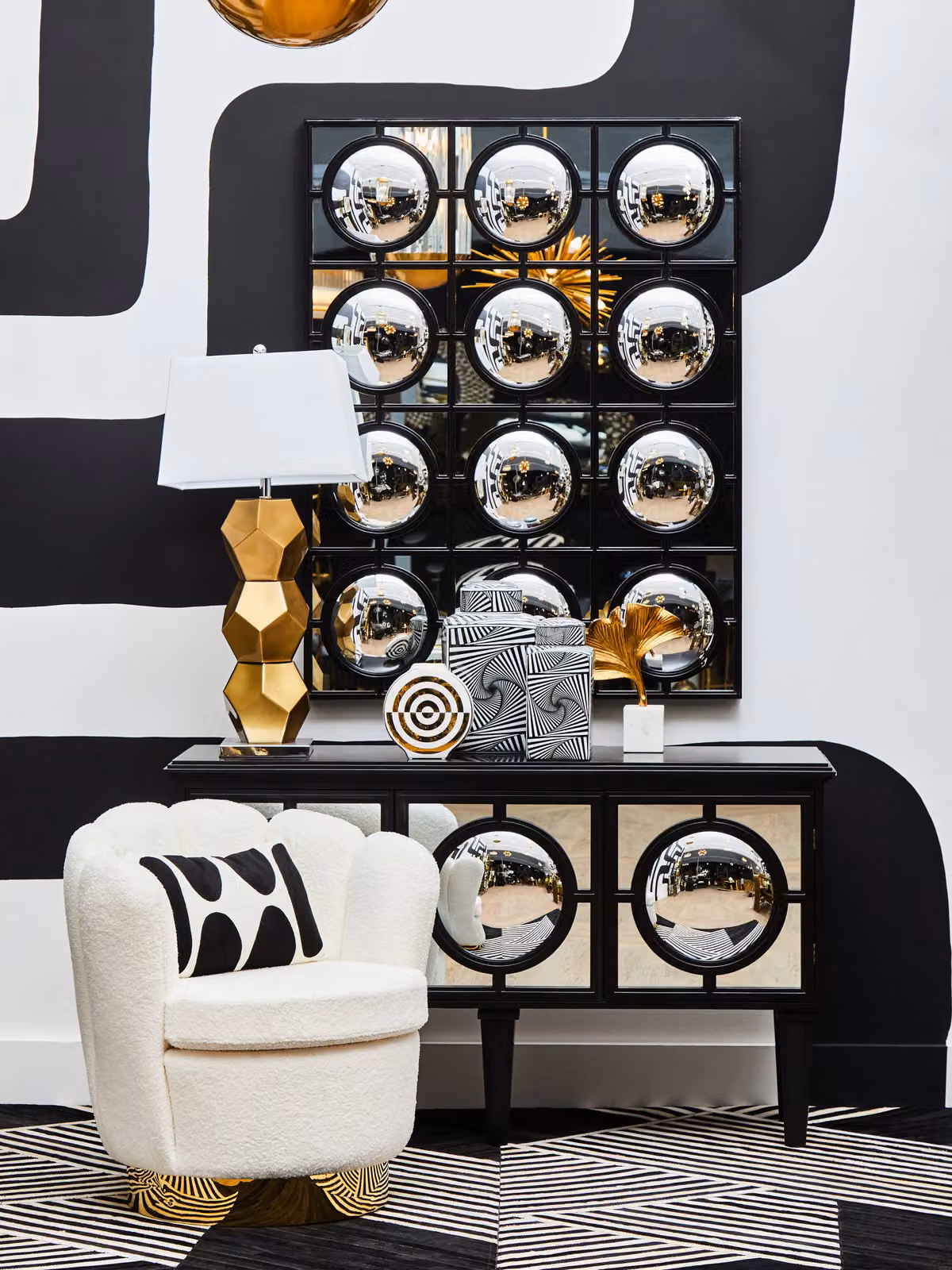 Fifty Five South Modern Geometric Black Sideboard with Mirror Top – 3