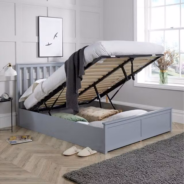 Home Source Florida Grey Fabric Gas Lift Ottoman Storage Bed Frame with Solid Pine Wood Base, Double 140 x 200 cm