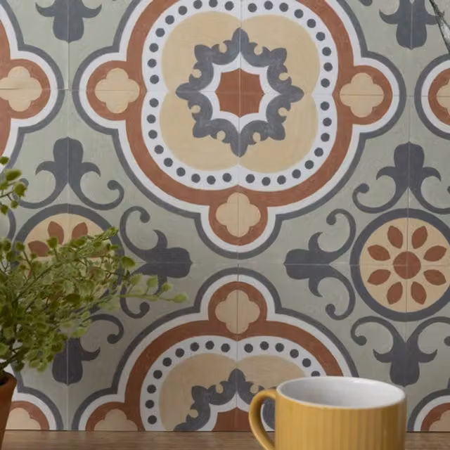 Quadrostyle SEVILLE IN OLIVE Adhesive Geometric Wall Tile and Furniture Vinyl Stickers, Green and Multicolour, 15 cm