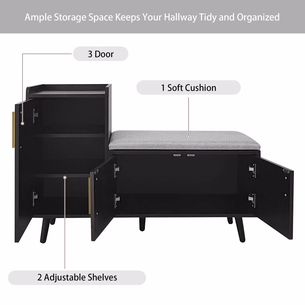 ModernLuxe Black Shoe Storage Bench with Metal Handles and Adjustable Shelves – 4
