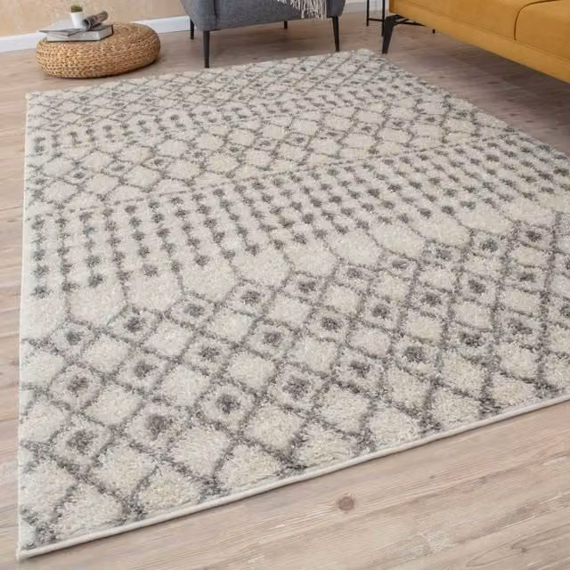THE RUGS Soft Moroccan Diamond Shaggy Rug or Runner in Grey and Beige, W: 80 cm, L: 300 cm