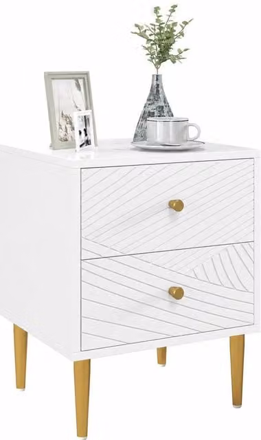 HOMCOM Modern White Bedside Table with Drawer and Gold Metal Legs