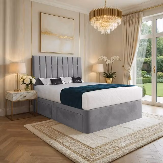 Casani Limpsfield Modern Upholstered Velvet Bed Frame with Drawers, Grey, W/D/H: 200 x 137 x 183 cm – 1
