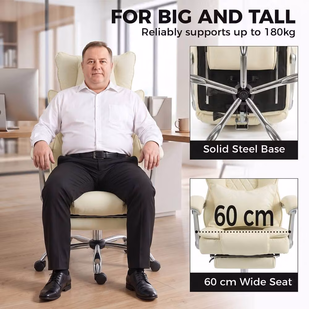 HOMCOM Executive Big and Tall Office Chair in Beige with Synthetic Leather, Headrest and Lumbar Support – 3