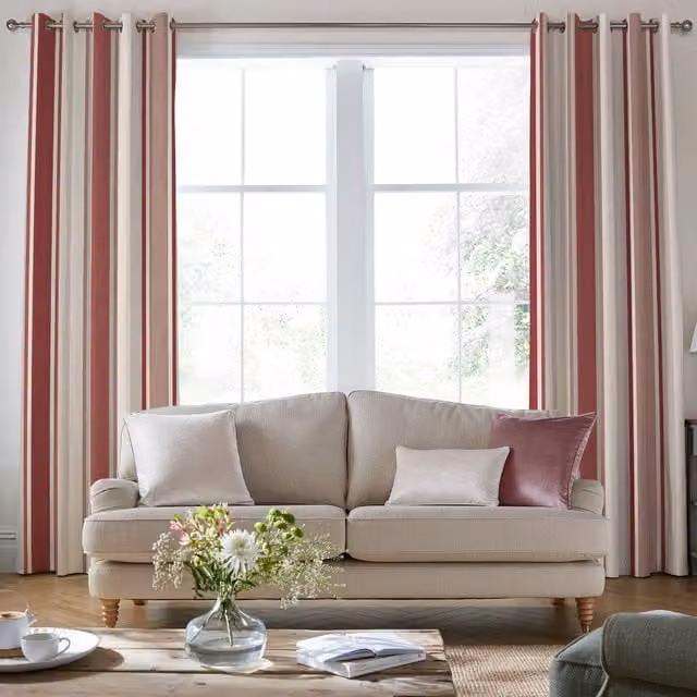 Laura Ashley Made To Measure Blackout Eyelet Curtains in Crimson Red Awning Stripe Cotton