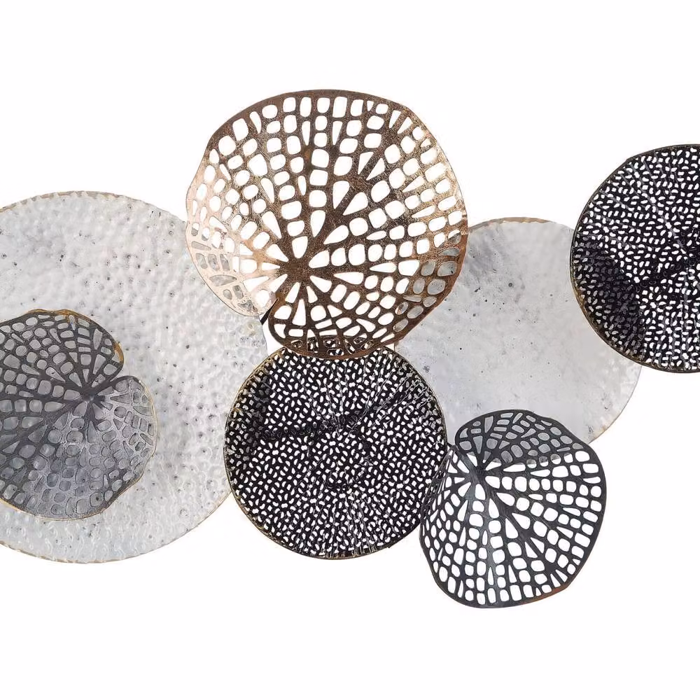 Wyld and Coco Round Metal Wall Art, Multicolour Abstract Geometric Art Deco Design in White, Grey, Black and Gold, W/D/H: 40 x 40 x 1 cm – 2