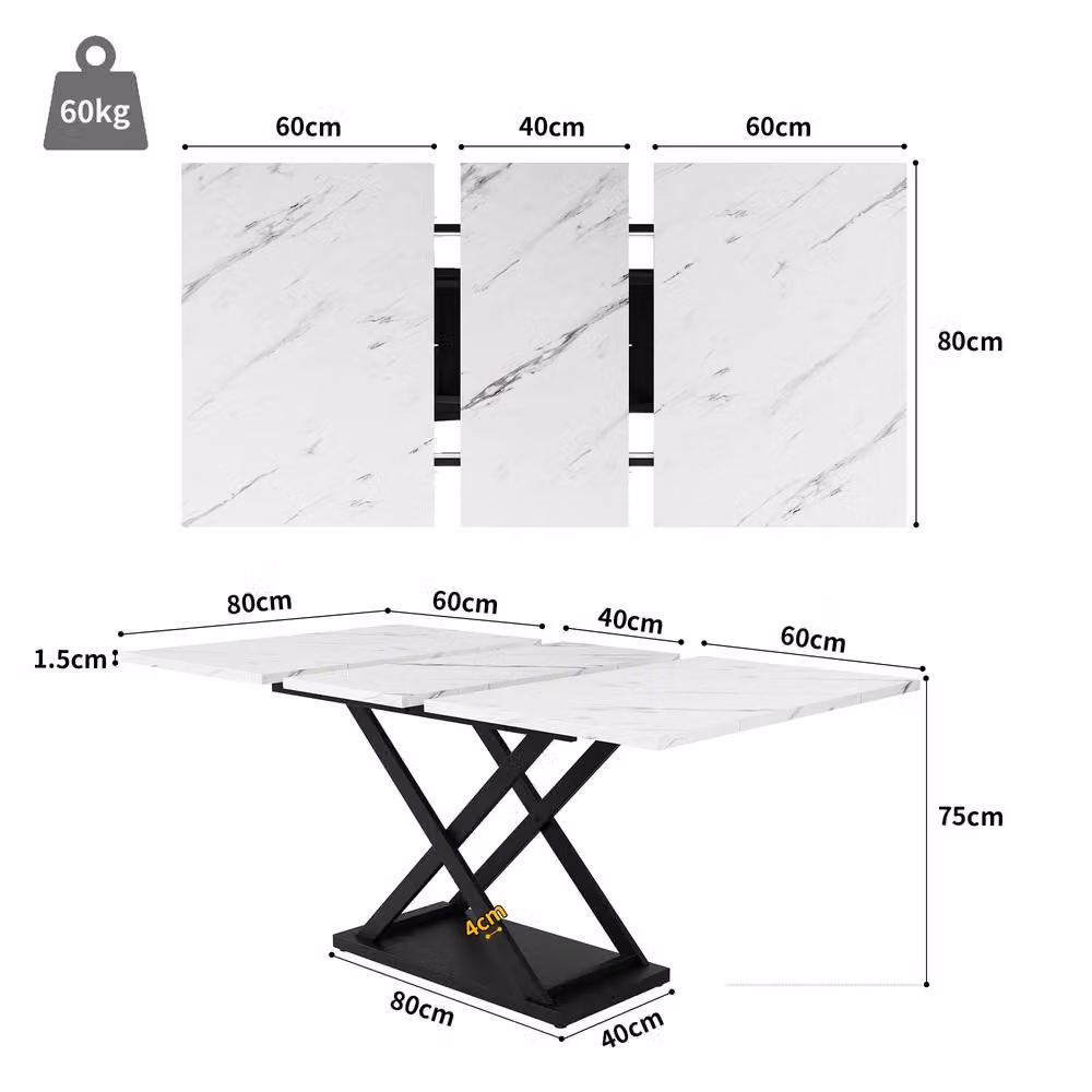 Merax Extendable Rectangular Dining Table with White Marble Effect Glossy Top and X-Frame Base, W/D/H: 120 x 80 x 75 cm – 3