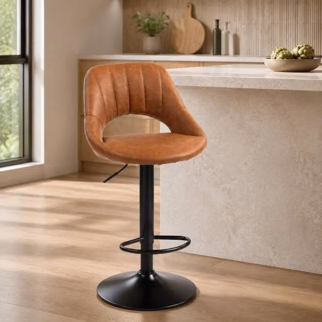 STILVORA Set of 2 Brown Faux Leather Swivel Bar Stools with Backrest and Footrest – 1