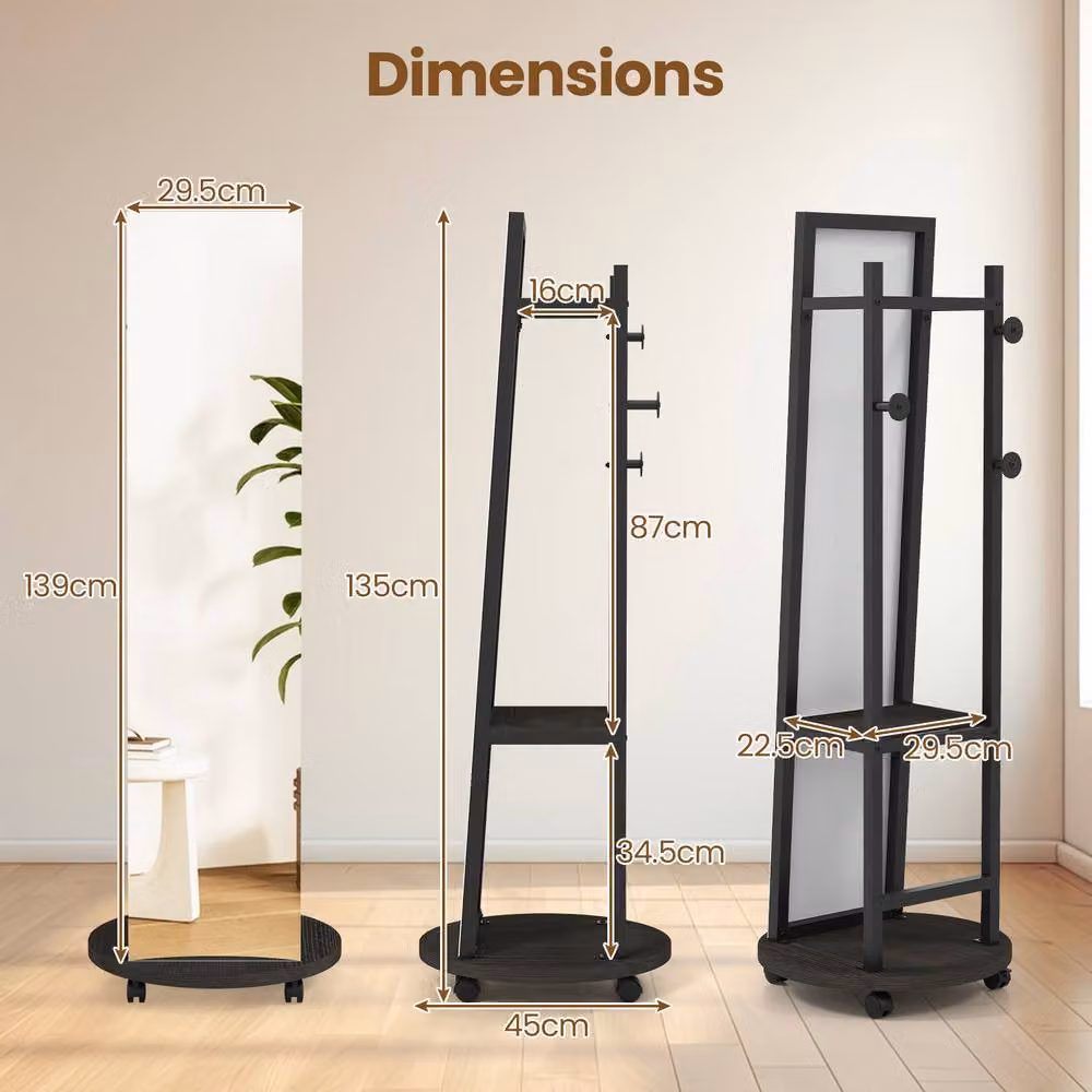 Costway Coat Rack with Full Length Mirror, Black Post Tree with 3 Hooks and Storage Shelves – 2