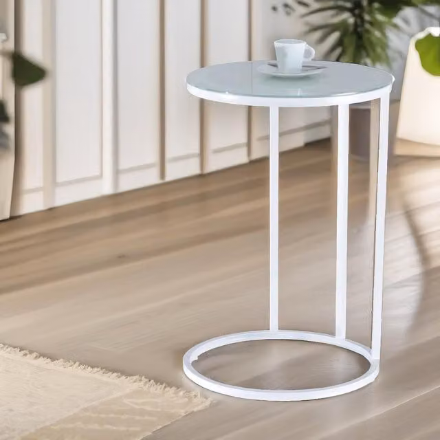 Pirlo Plush Round C Shaped Side Table in White with Glass Top