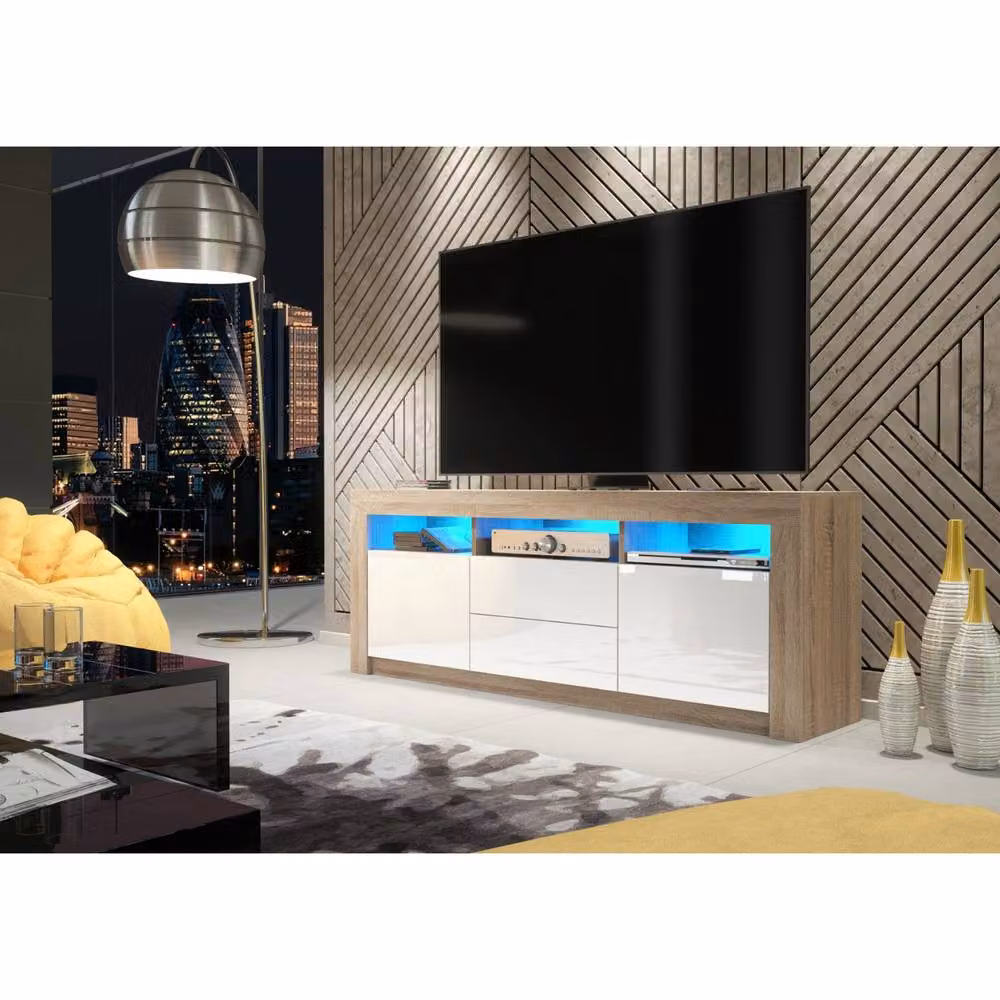 Mex Furniture LTD Shine TV Unit in Oak and White Gloss with LED Lights, W: 160 cm, H: 60 cm, D: 35 cm – 2